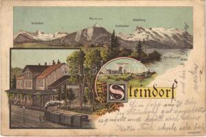 Steindorf, railway station, locomotive, train, mountains. Art Nouveau, litho (EB)