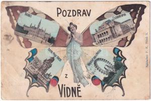 1905 Wien, Vienna, Víden, Bécs; Pozdrav z Vídne. Radnice, C.k. dvorní opera, pomnik Marie Terezie, Obrovské kolo v Prátru / town hall, opera, statue, Prater ferris wheel. Butterfly lady montage, Art Nouveau (EB)