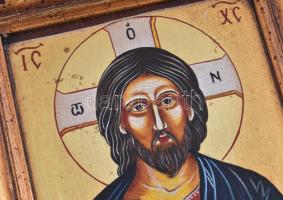 Jószai Sándor (1943- ): Tanító Krisztus. Ikon, festett fa, dekoratív, historizáló fa keretben, hátol...