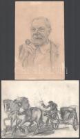 Jelzés nélkül, feltehetően 1910-30 körül működött magyar grafikus(ok) 2 db rajza: Pipázó portréja és Lovasszekér. Ceruza, papír. 22x14 és 16,5x22,5 cm