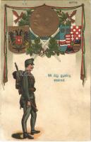 44. gyalogezred / WWI Austro-Hungarian K.u.K. military art postcard, patriotic propaganda with Franz Joseph I of Austria and coats of arms. Art Nouveau, litho (r)