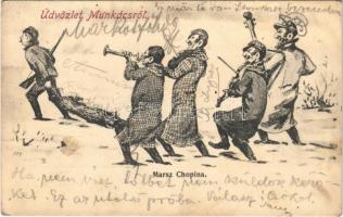 1909 Marsz Chopina / Üdvözlet Munkácsról! Judaika / Greetings from Mukachevo! Judaica art postcard. S.M.P. Kraków Deposé 1908. 28. (fl)
