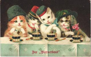 1916 Der Vierverband / WWI Austro-Hungarian K.u.K. military art postcard, Entente Powers as cats, mocking propaganda. litho (fl)
