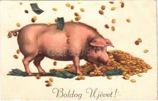 Boldog Újévet! / New Year greeting art postcard, pig with banknotes and coins (fl)