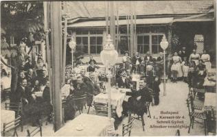 1915 Budapest I. Tabán, Schreil Győző Albecker vendéglője, étterem, kert vendégekkel, pincérekkel és zenekarral