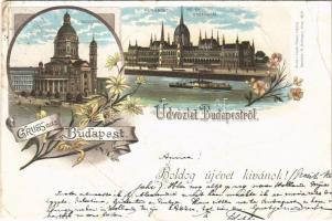 1895 (Vorläufer!!!) Budapest V. Parlament, Országház, Bazilika. Újévi üdvözlet. Druck v. Louis Glaser. Art Nouveau, floral, litho (vágott / cut)
