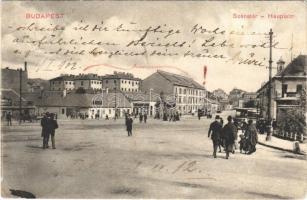 1912 Budapest II. Széna tér, villamosok, üzletek (r)