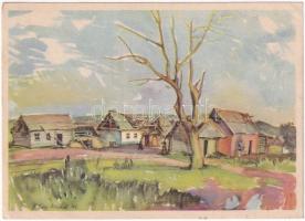 1944 Ein Sowjet Dorf / WWII German military art postcard, Soviet village s: Hensel (EK)