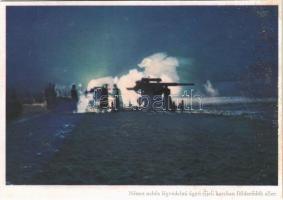Második világháborús német katonai lap. Német nehéz légvédelmi ágyú éjjeli harcban földerődök ellen. Brauer haditudósító felvétele. Carl Werner / WWII German military air-defense cannons at night (r)