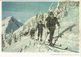 Második világháborús német katonai lap. Hegyivadász felderítő osztag sítalpakon. Baumann haditudósító felvétele. Carl Werner / WWII German military, mountain reconnaissance squad on ski (r)
