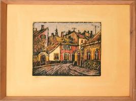 Réti Mátyás (1922-2002): Utca. Színes linó, papír, jelzett, üvegezett fa keretben, 22×27 cm