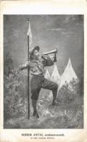 1915 Sibrik Antal szakaszvezető, az első szakasz kürtöse. Jó munkát kíván a székesfővárosi Rottenbiller-utcai polgári fiúiskola cserkészcsapata / Hungarian boy scout with horn s: Halácsy (EB)