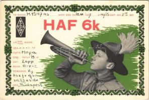 1937 Cserkész rádióamatőr lap. Magyar Rövidhullámú Amatőrök Országos Egyesülete (MRAOE) / Hungarian boy scout art postcard, radio amateur card of the Hungarian Boys Scouts Association (EK)