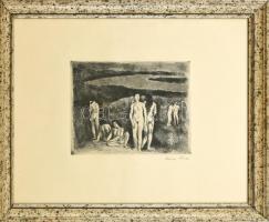 Szőnyi István (1894-1960): Aktok a vízparton (Árkádia). Rézkarc, papír, jelzett, üvegezett keretben. 15×21 cm