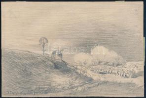 Pörge Gergely (1858-1930): Pásztorok nyájjal. Ceruza, papír, jelzett, jobb felső sarkában sérült. 16,5×24,5 cm