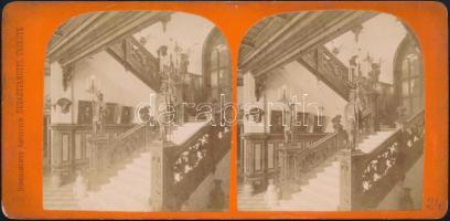 cca 1890 Trieszt (Trieste), Miramare-kastély, lépcsőház, sztereófotó, 8,5×17,5 cm / Miramare Castle