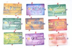 9 db különbőző, használatlan Szerencsejáték Lottó, Toto, Kenó, stb telefonkártya bontatlan csomagolásban Csak 500 pld mindegyikből!