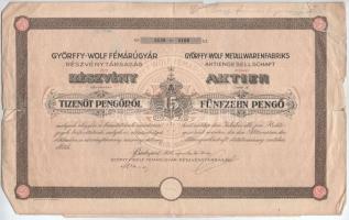 Budapest 1926. Györffy-Wolf Fémárúgyár Részvénytársaság 5 részvénye egyben, összesen 15 pengőről, szelvényekkel T:III ragasztások