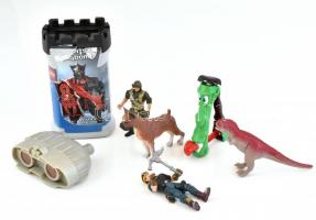 7 db, elsősorban fiúknak való műanyag játék: katona, távcső, dino, kutya, Lego doboz figura nélkül, stb.