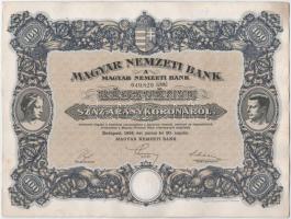Budapest 1924. Magyar Nemzeti Bank részvény 100K-ról (3x), szelvényekkel, szárazpecséttel T:I- fo. / Hungary 1924. Magyar Nemzeti Bank Hungarian National Bank share about 100 Korona (3x), with coupons, embossed stamp C:AU spotted