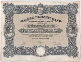 Budapest 1924. "Magyar Nemzeti Bank" részvény 100K-ról (3x), szelvényekkel, szárazpecsétte...
