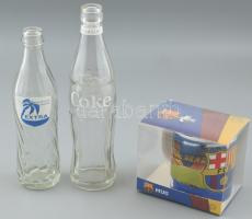 Coca-Cola és Extra üdítős üveg + FCBarcelona bontatlan bögre, m: 9,5 és 21,5; 24,5 cm