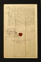 1826 Kővágóörsi szőlőre és annak adóira vonatkozó contractuális levél Balatonhenyei gazda és gr. Esterházyak között. viaszpecséttel. Üvegezett keretben. 38x24 cm