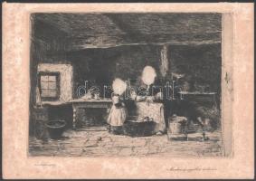 Munkácsy Mihály (1844-1900): Konyhában. Munkácsy egyetlen rézkarca, papír, jelzett a karcon, foltos, 20×28 cm