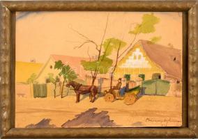 Baranyai Ferenc (?-): Lovaskocsi, 1948. Akvarell, papír. Jelzett. Dekoratív, kissé sérült fa keretben, 21×30 cm