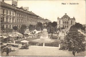 Pécs, Majláth tér, Kossuth szobor, zsinagóga, piac. Vasúti levelezőlapárusítás 1910. (Rb)