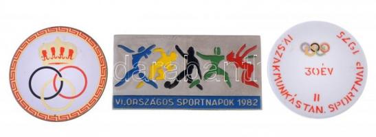 1975. IV. Szakmunkástanuló Sportnap - 30 év II festett, jelzett hollóházi porcelán emlékérem (62mm) + 1982. VI. Országos Sportnapok 1982 zománcfestett fém plakett (47x91mm) + Belga koronás fém emlékérem (60mm) T:1-,2