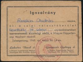 1949 Magyar Függetlenségi Népfront által kiállított igazolvány a Keszthely VIII. számú szavazókörzet szavazatszedő bizottsági elnöke részére (Zala vármegye), pecséttel