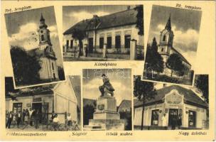 1950 Ságvár, Református templom, Községháza, Római katolikus templom, Hősök szobra, emlékmű, Földmívesszövetkezet, kerékpárok, Nagy József üzlete (EK)