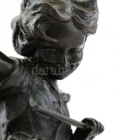 Franz Iffland (1862-1935): Filette a széken a macskájával. Öntött patinázott bronz. Jelzett. Párizsi...