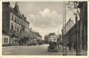 1932 Szolnok, Gróf Szapáry utca, Nemzeti szálloda, automobil, üzletek