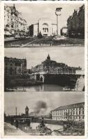 1940 Temesvár, Timisoara; Bulevardul Regele Ferdinand I, Podul Traian, Vedere partiala a Begheului / utca, villamos, üzletek, híd, Béga-part / street view, tram, shops, bridge, riverside
