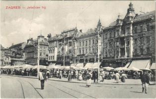 1914 Zagreb, Zágráb; Jelacicev trg / square, market, tram rail, shops