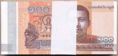 Kambodzsa 2014. 100R (100x) kötegelővel, sorszámkövetők T:I,I- Cambodia 2014. 100 Riels (100x) with wrapper, sequential serials C:UNC,AU Krause P#65