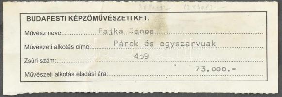 Fajka János (1935): Párok és egyszarvúak, tűzzománc, hibátlan állapotban, igényes keretben 40×24 cm....
