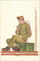 1943 A levélírás előmunkálatai / WWII Hungarian military art postcard s: Stélik L. (EK)