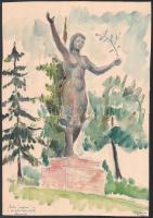 Ujváry Lajos (1925-2006): Béke szobor a kultúrház előtt. Akvarell, golyóstoll, papír, jelzett. 35x24 cm