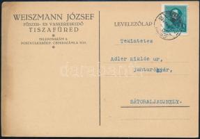 1934 Weiszmann József fűszer- és vaskereskedő, Tiszafüred, fejléces levelezőlapja, amelyben 5 kg. orth. kóser csemege juhturót rendel, Adler Miklósnak Sátoraljaújhelyre postázva