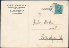 1933 Kiss Károly, fűszer és csemege üzlete, Nyíregyháza, fejléces levelezőlapja, Adler Miklósnak Sátoraljaújhelyre postázva, Kiss Károly autográf aláírásával és céges bélyegzőjével