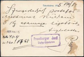 1935 Pressburger Jenő, fűszer-, liszt- és csemegekereskedése, Tata-Tóváros, fejléces levelezőlapja, ...