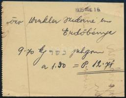 1935 özv. Winkler Izidorné erdőbényei lakos nevére kiállított bizonylat juhtúró vásárlásról, héber kóser bélyegzéssel