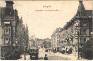 1908 Budapest II. Margit körút, villamosok, háttérben a Rózsadomb, Margit park kávéház (EK)