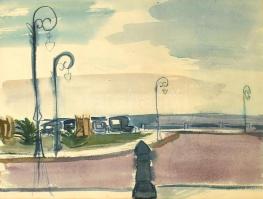 Emőd Aurél (1897-1958): Olasz tengerpart. Akvarell, , papír, jelzés nélkül. Üvegezett, sérült fa keretben, 27×36 cm