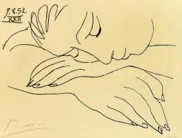 Pablo Picasso (1881 - 1973): Visage de la Paix (A béke vagy a nyugalom arca). Litográfia, papír. Jelzett. Sorszámozott: 100/21. Üvegezett fa keretben. 39,5x51,5 cm. 2015-ben szerepelt az Egy nap Picassóval - Jean Cocteau fényképei kiállításon. (Balatonfüred), Alvó Múzsa címen.