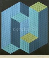 Victor Vasarely (1906 - 1997): Kinetikus kompozíció kék, türkiz és zöld színben fekete alapon. Szitanyomat, papír. Jelzett. Sorszámozott: 39/40. Üvegezett, kopott fakeretben.  Művészetének célja az elemi esztétikai érzék fejlesztése! Elhagyni a közhelyeket és a természet formáit, színvilágát beépíteni az ember életébe! Nem csodákat, hanem megvalósításra alkalmas alkotásokat kell produkálni! Vasarely művészete a mához szól, aggó­dik azért, hogy ne csak évtizedek múlva valósítsák meg gondolatait. Erdősi Mária