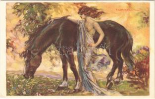Italian lady art postcard, lady with horse. Anna & Gasparini 439-1. s: T. Corbella (EK)